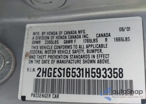 2001 Honda Civic Lx из США, поврежденный, VIN 2HGES16531H593358